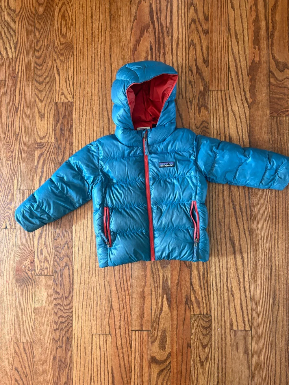 Patagonia Teal Hooded Kids Puffer with Red Lining